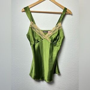 y2k 2000s Taunt women’s green satin and beige lace beaded tank top
